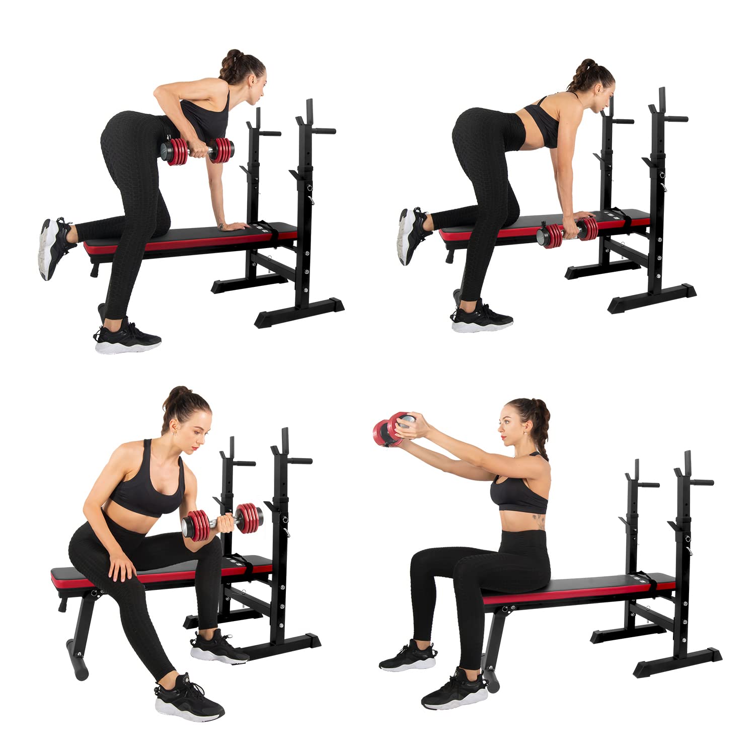 ISE Hantelbank Drückerbank Trainingsbank mit 5 Stufen Verstellbarer Ablage 91-110cm und Dip-Griffen Fitnessgerät Hantelbank Bankdrücken Klappbar Bankdrücken Bank Fitness Bank Klappbar Hantel Ständer
