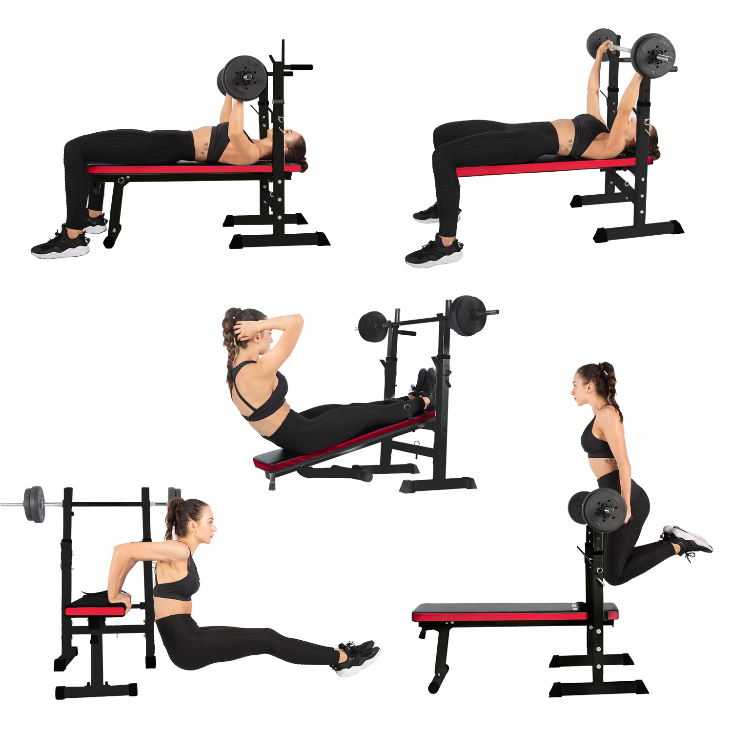 ISE Hantelbank Drückerbank Trainingsbank mit 5 Stufen Verstellbarer Ablage 91-110cm und Dip-Griffen Fitnessgerät Hantelbank Bankdrücken Klappbar Bankdrücken Bank Fitness Bank Klappbar Hantel Ständer