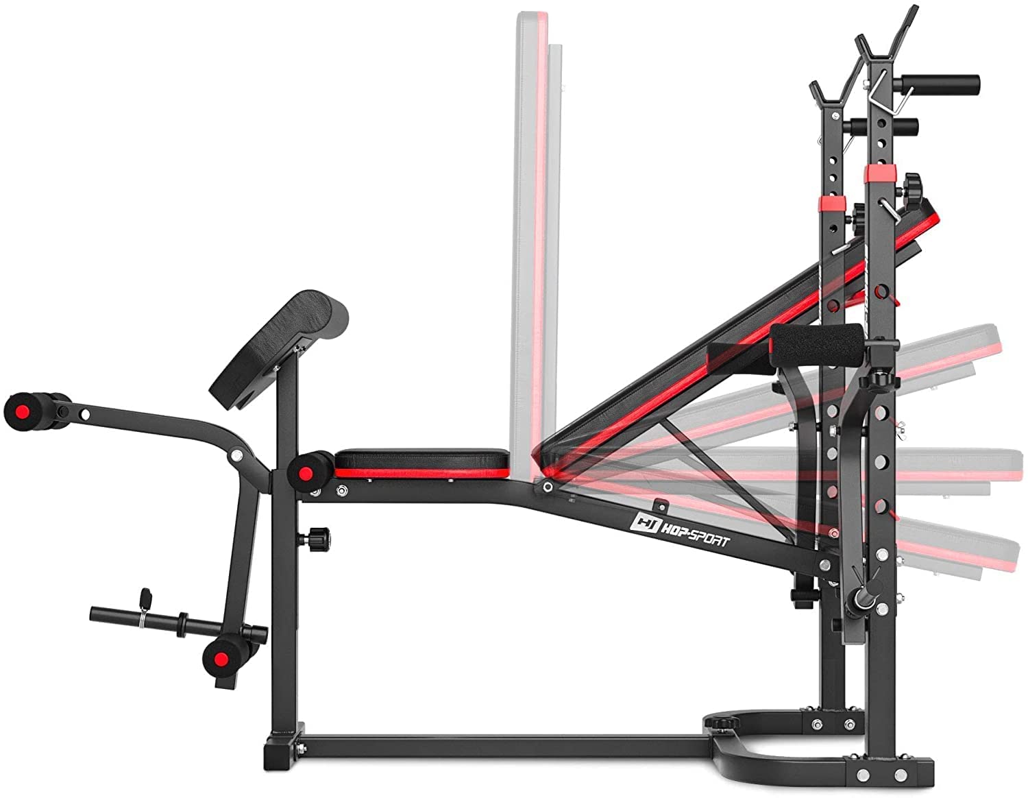 Hop-Sport Hantelbank, Multifunktionale klappbare Trainingsbank mit Langhantelständer, Butterfly & Curlpult, für Krafttraining zuhause, 250 kg Max. Belastbarkeit der Hantelbank