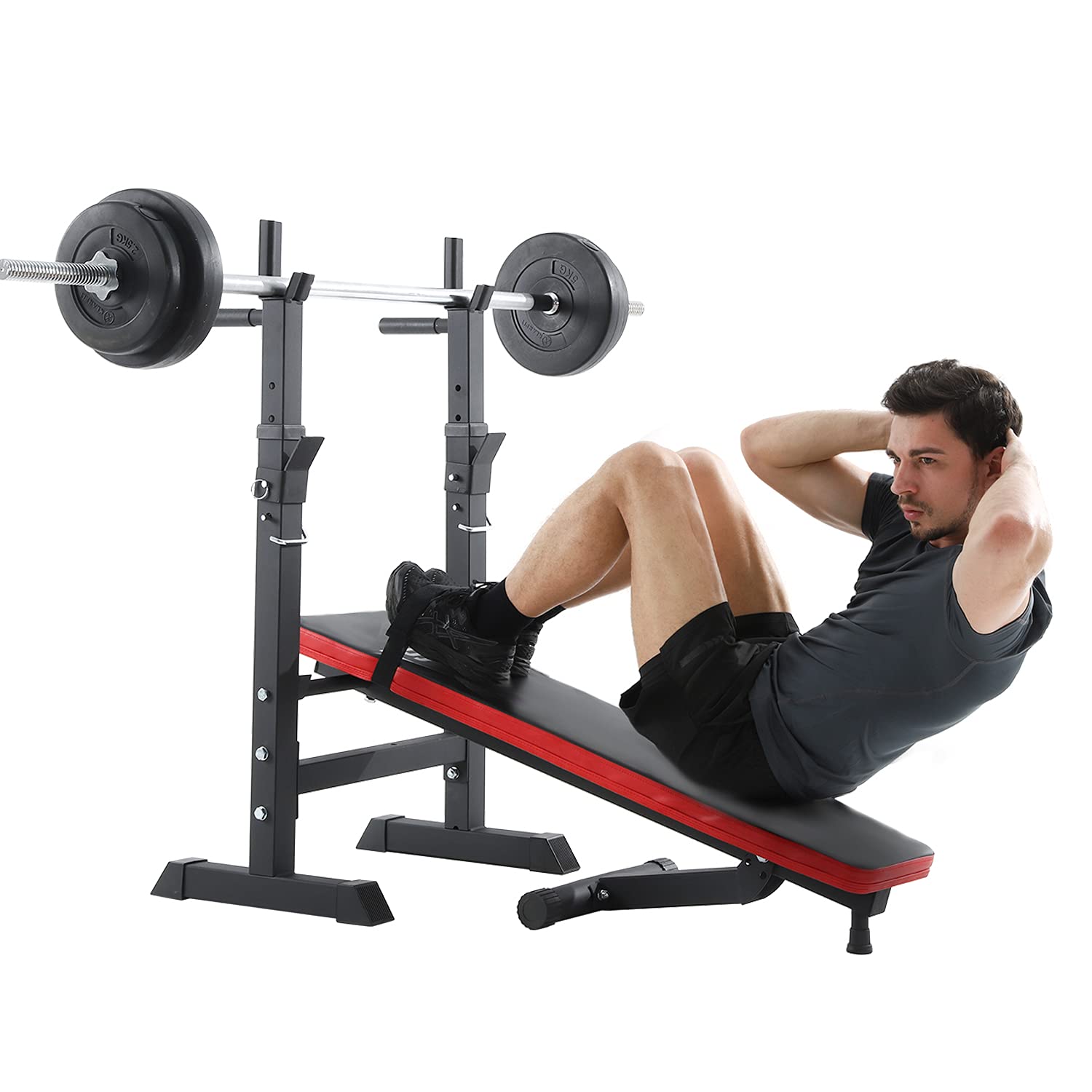 ISE Hantelbank Drückerbank Trainingsbank mit 5 Stufen Verstellbarer Ablage 91-110cm und Dip-Griffen Fitnessgerät Hantelbank Bankdrücken Klappbar Bankdrücken Bank Fitness Bank Klappbar Hantel Ständer