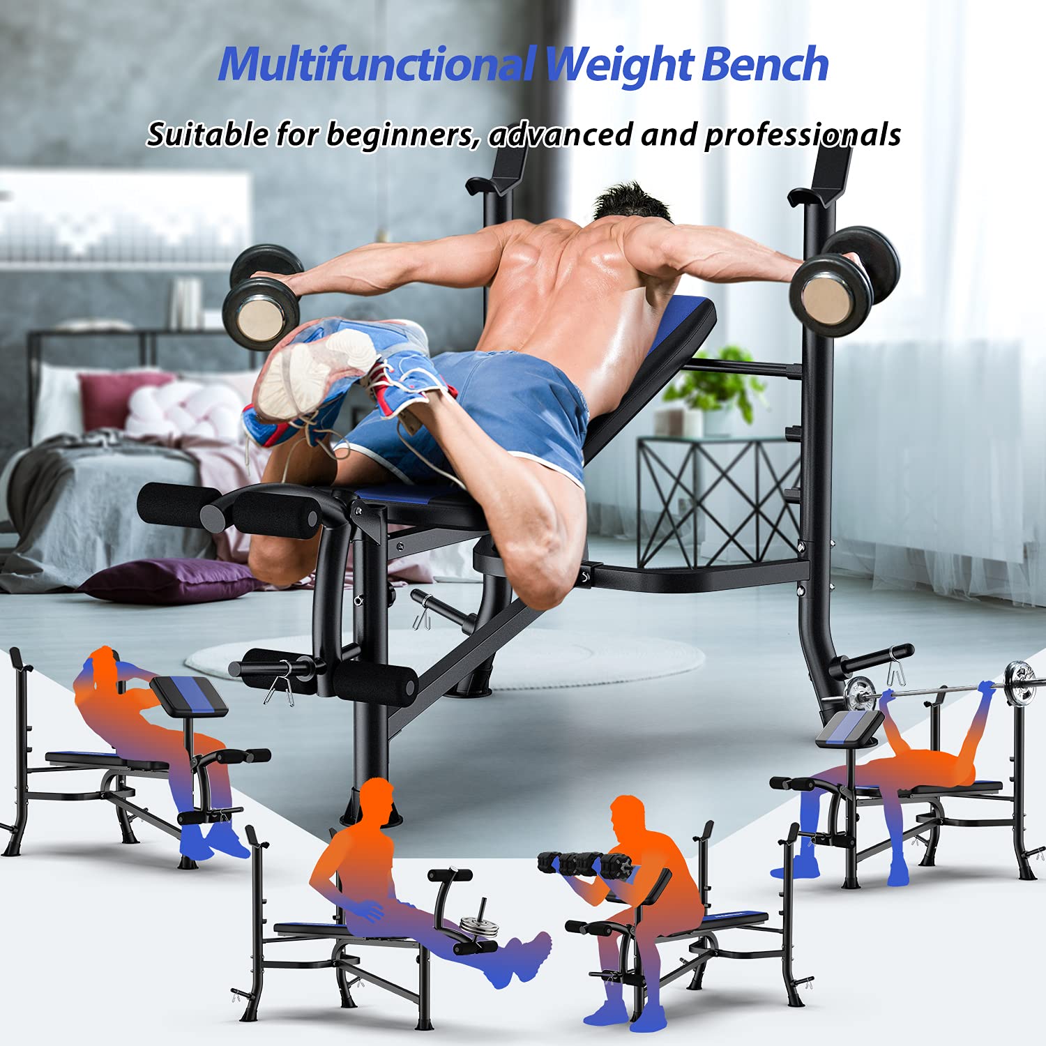 WINNOW Verstellbare Hantelbank mit Beinstrecker und Preacher Curl Heimtraining Fitnessstudio Gewichtheberbank Ganzkörpertraining Bankdrücken