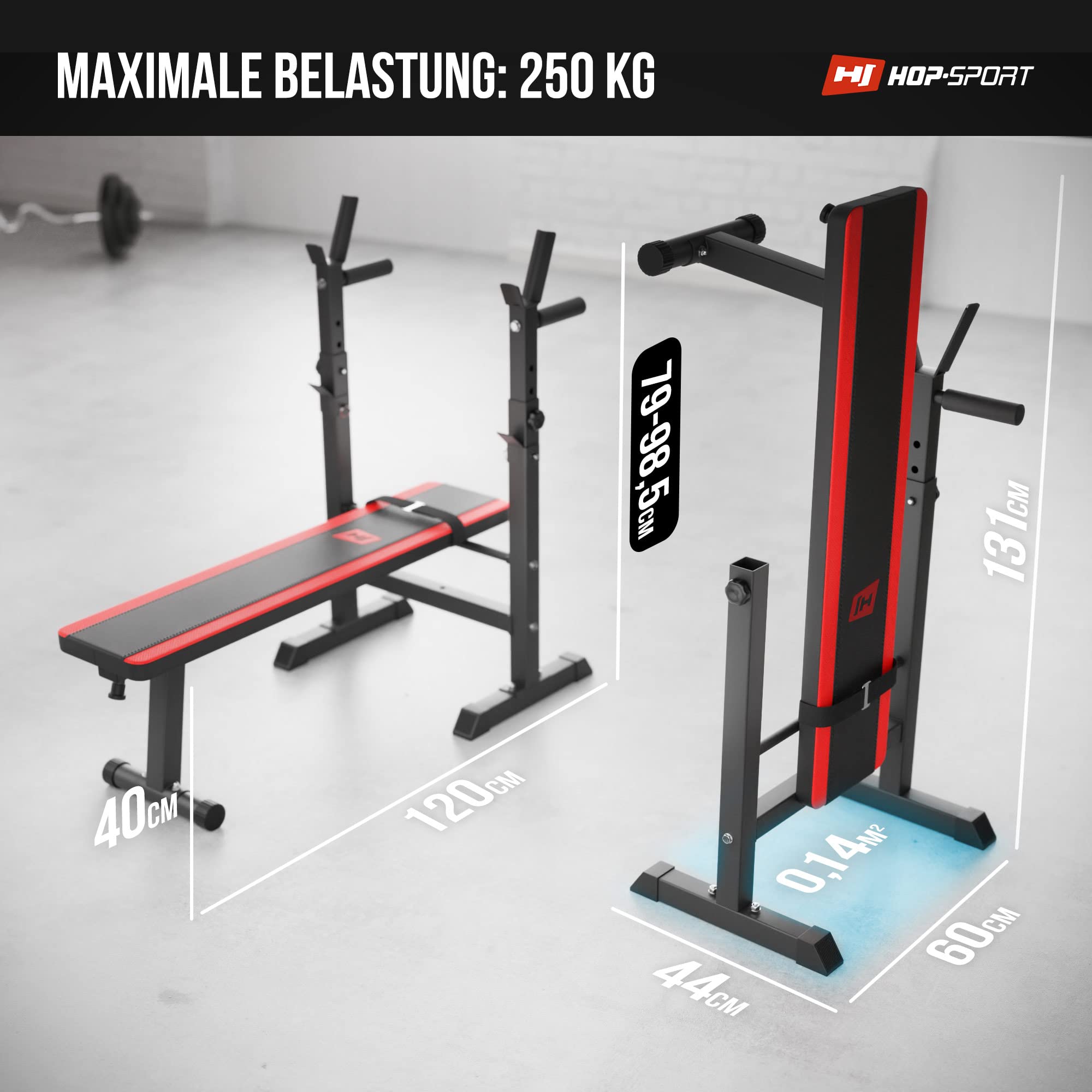 Hop-Sport Hantelset 39 kg - Klappbare Hantelbank mit Gewichten, Verstellbare Langhantelablage, Trainingsbank für Bankdrücken, Stabiler Fitnessbank, 270 kg Max. Belastbarkeit