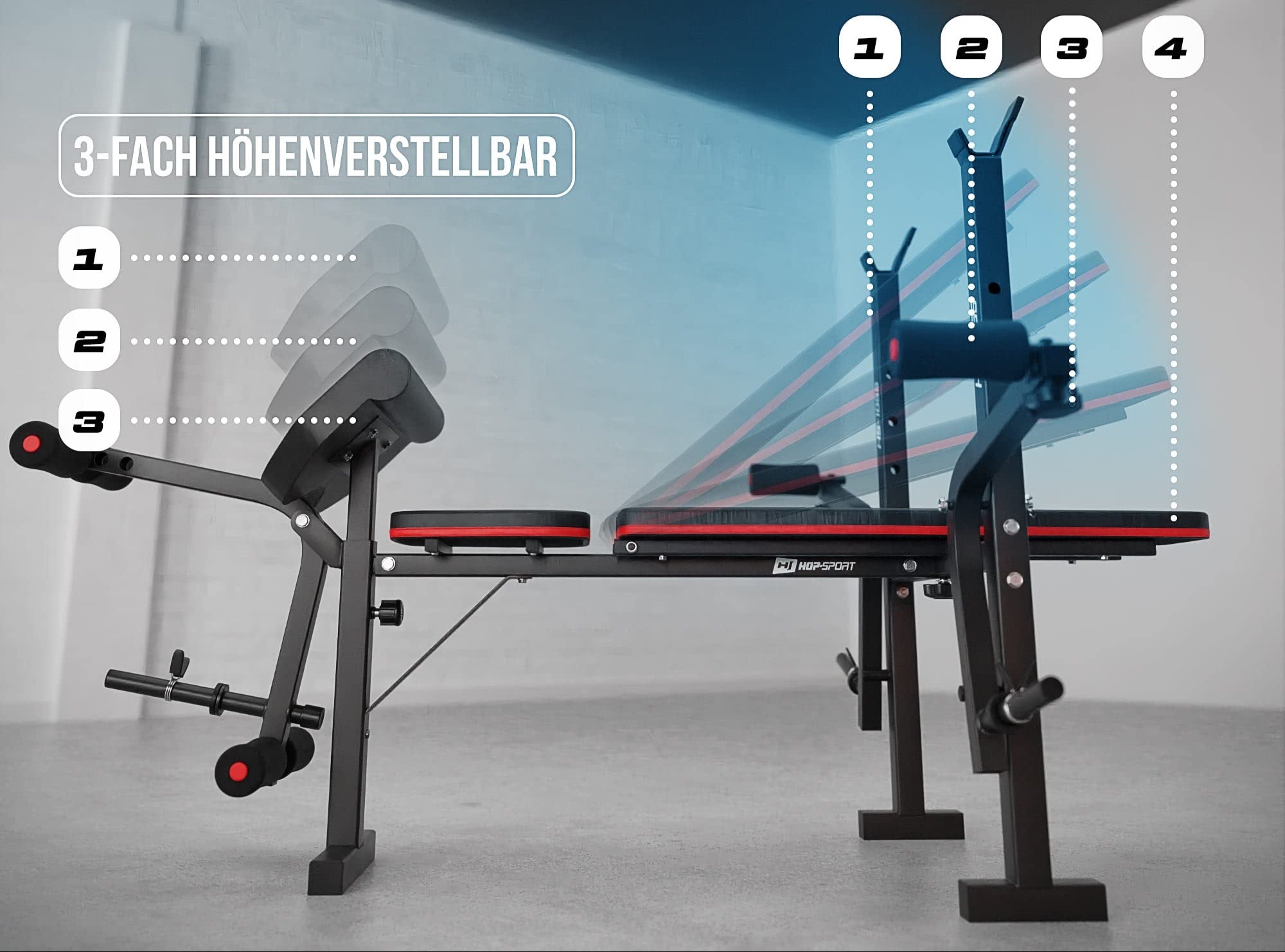 Hop-Sport Hantelbank mit Curlpult, Butterfly, Beincurler & klappbarer Trainingsbank, inkl. 38 kg Hantelset, SZ-Stange, Langhantel, Kurzhanteln – Fitnessbank für Heimtraining