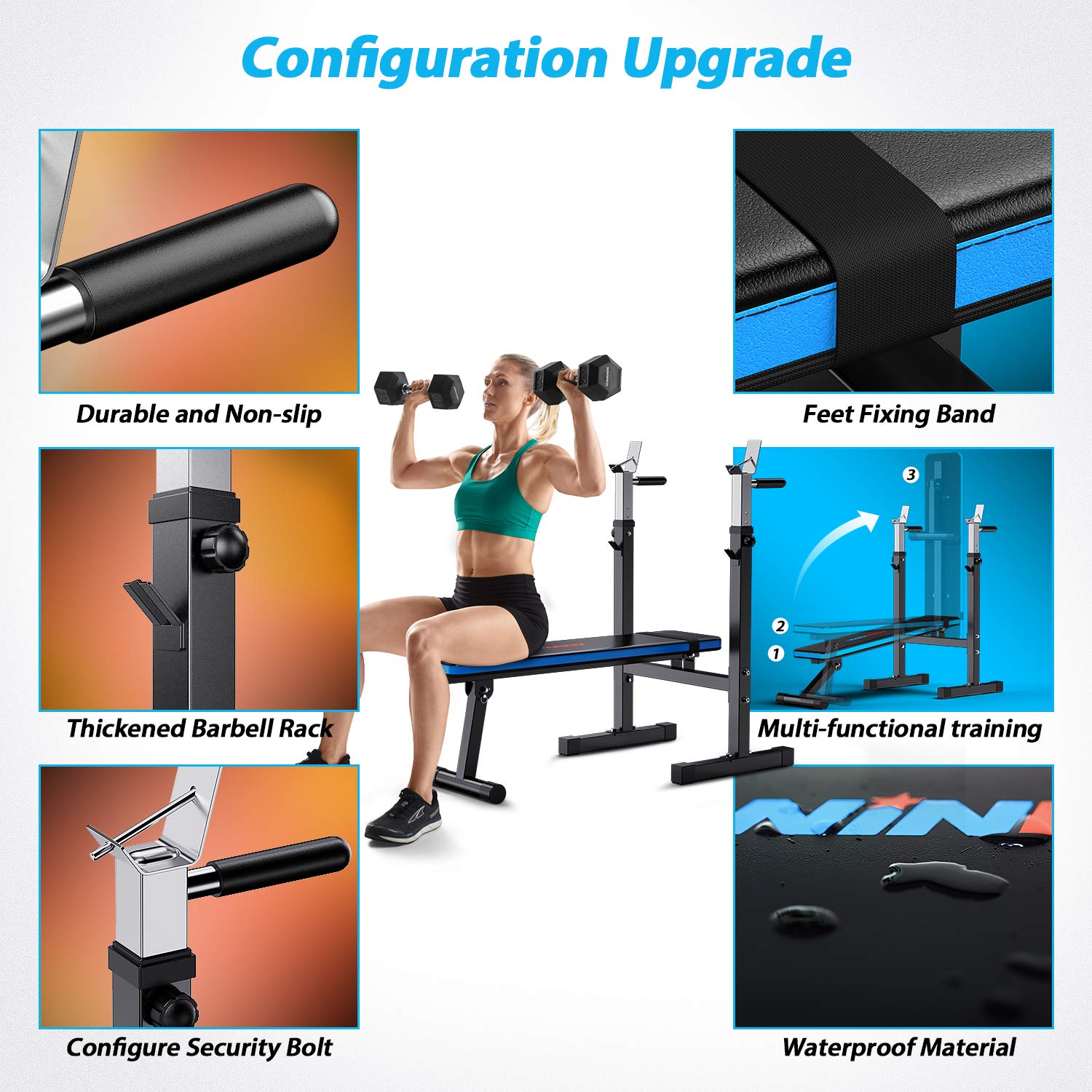 WINNOW Verstellbare Hantelbank mit Dip-Station Klappbare Schwerlast Gewichtheben Bank Heimtraining Fitnessstudio Multifunktion Trainingsbank