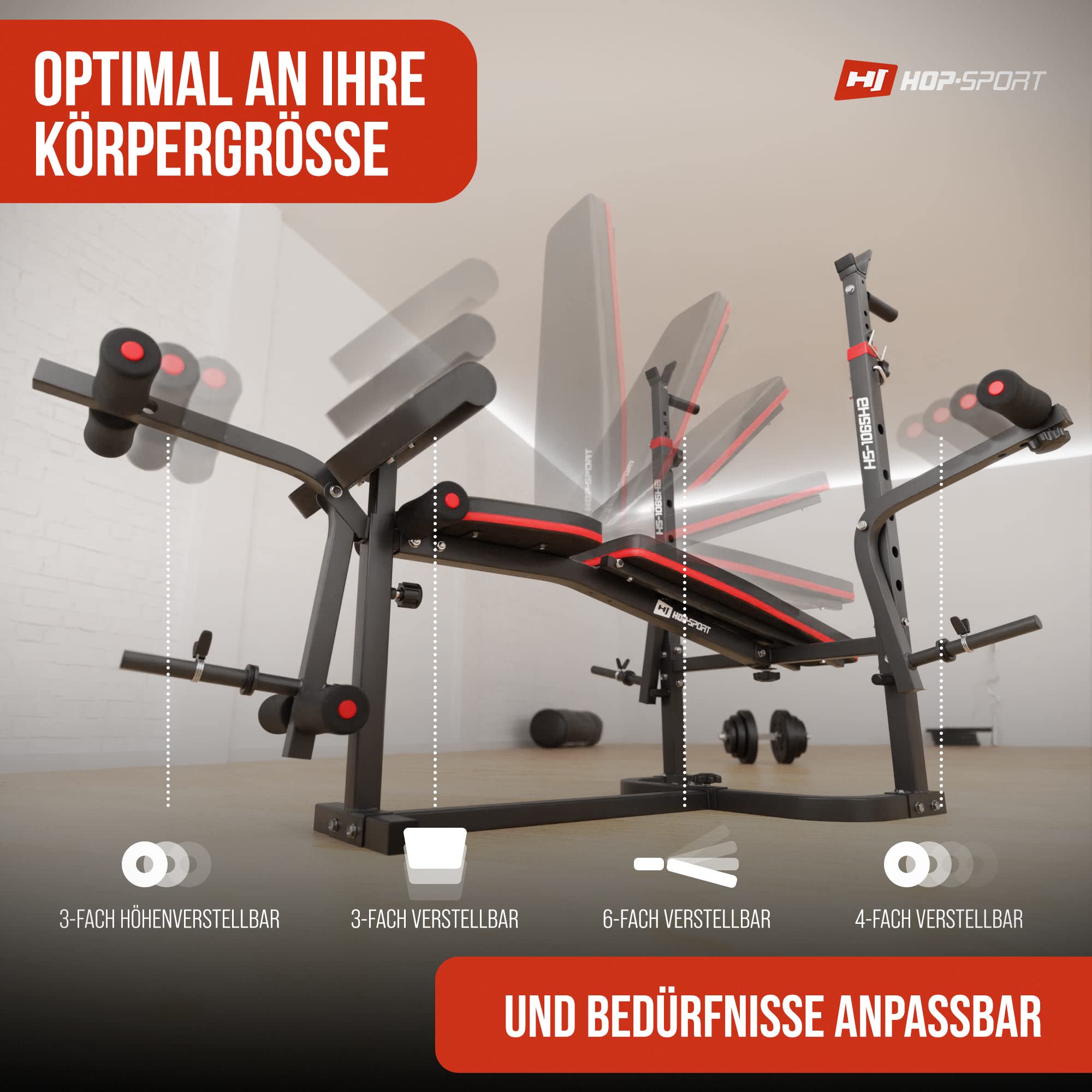 Hop-Sport Hantelbank, Multifunktionale klappbare Trainingsbank mit Langhantelständer, Butterfly & Curlpult, für Krafttraining zuhause, 250 kg Max. Belastbarkeit der Hantelbank