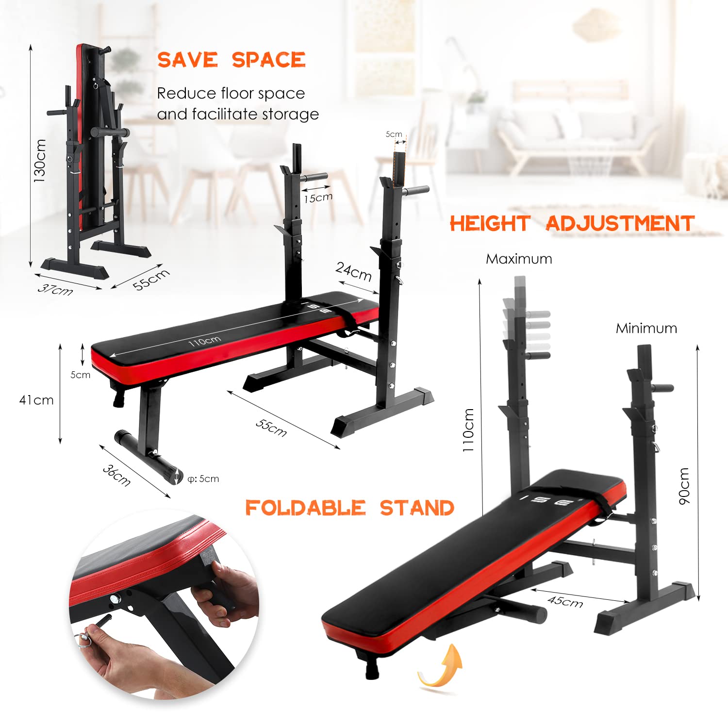 ISE Hantelbank Drückerbank Trainingsbank mit 5 Stufen Verstellbarer Ablage 91-110cm und Dip-Griffen Fitnessgerät Hantelbank Bankdrücken Klappbar Bankdrücken Bank Fitness Bank Klappbar Hantel Ständer