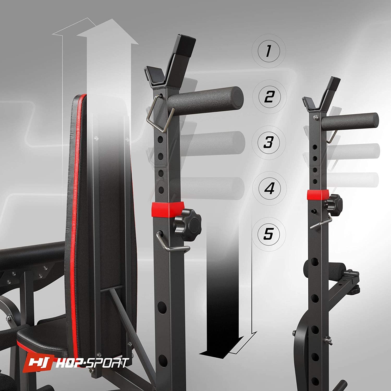 Hop-Sport Hantelbank, Multifunktionale klappbare Trainingsbank mit Langhantelständer, Butterfly & Curlpult, für Krafttraining zuhause, 250 kg Max. Belastbarkeit der Hantelbank