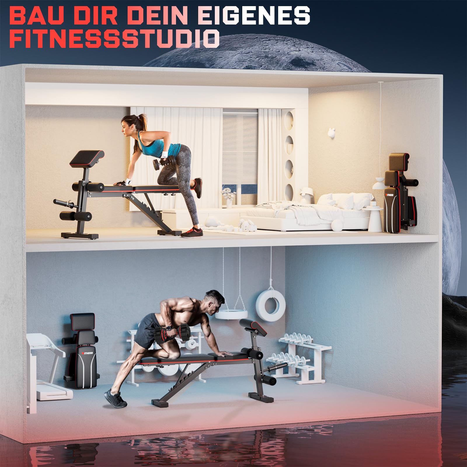 XDDIAS Hantelbank Klappbar mit Beinstrecker und Preacher-Curl-Polster, Verstellbar Trainingsbank für das Heim-Fitnessstudio, Faltbare Trainingsbank, Schnell Zusammenklappbare Neigung/Neigung