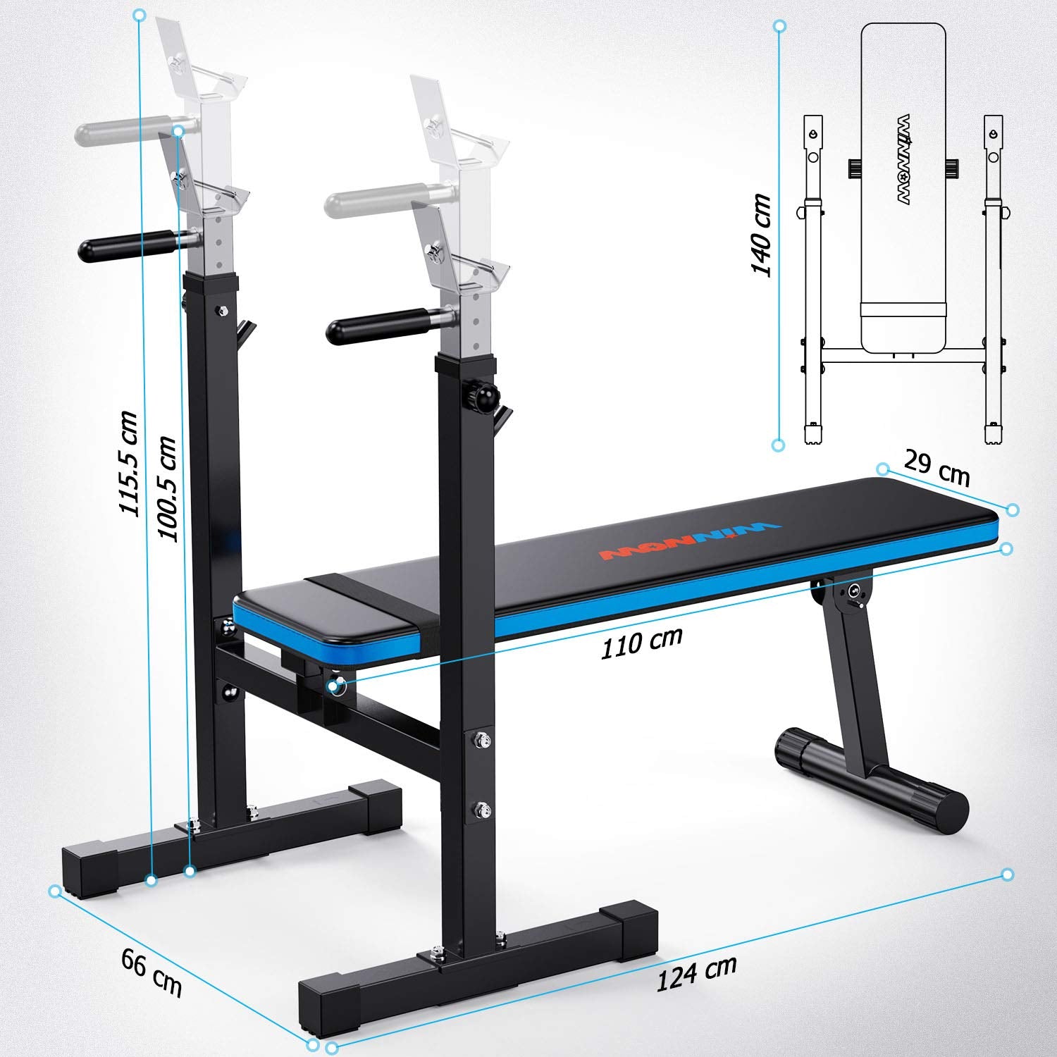 WINNOW Verstellbare Hantelbank mit Dip-Station Klappbare Schwerlast Gewichtheben Bank Heimtraining Fitnessstudio Multifunktion Trainingsbank