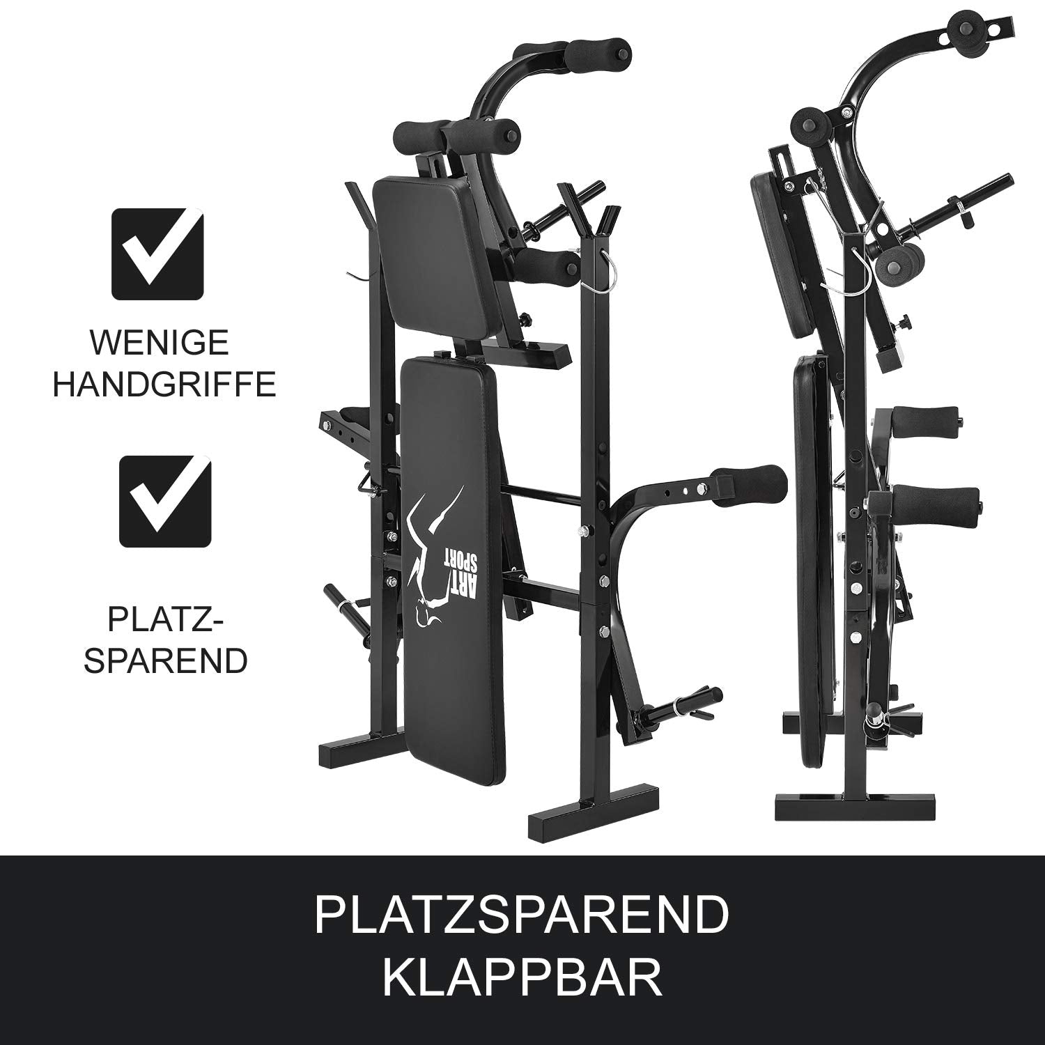 ArtSport Multifunktion Hantelbank Set ProfiGym 1000 & 3in1 Hantelset mit 60 kg Gewichten - Trainingsbank klappbar Kurzhantel Langhantel Curlhantel Kraftstation, Schwarz