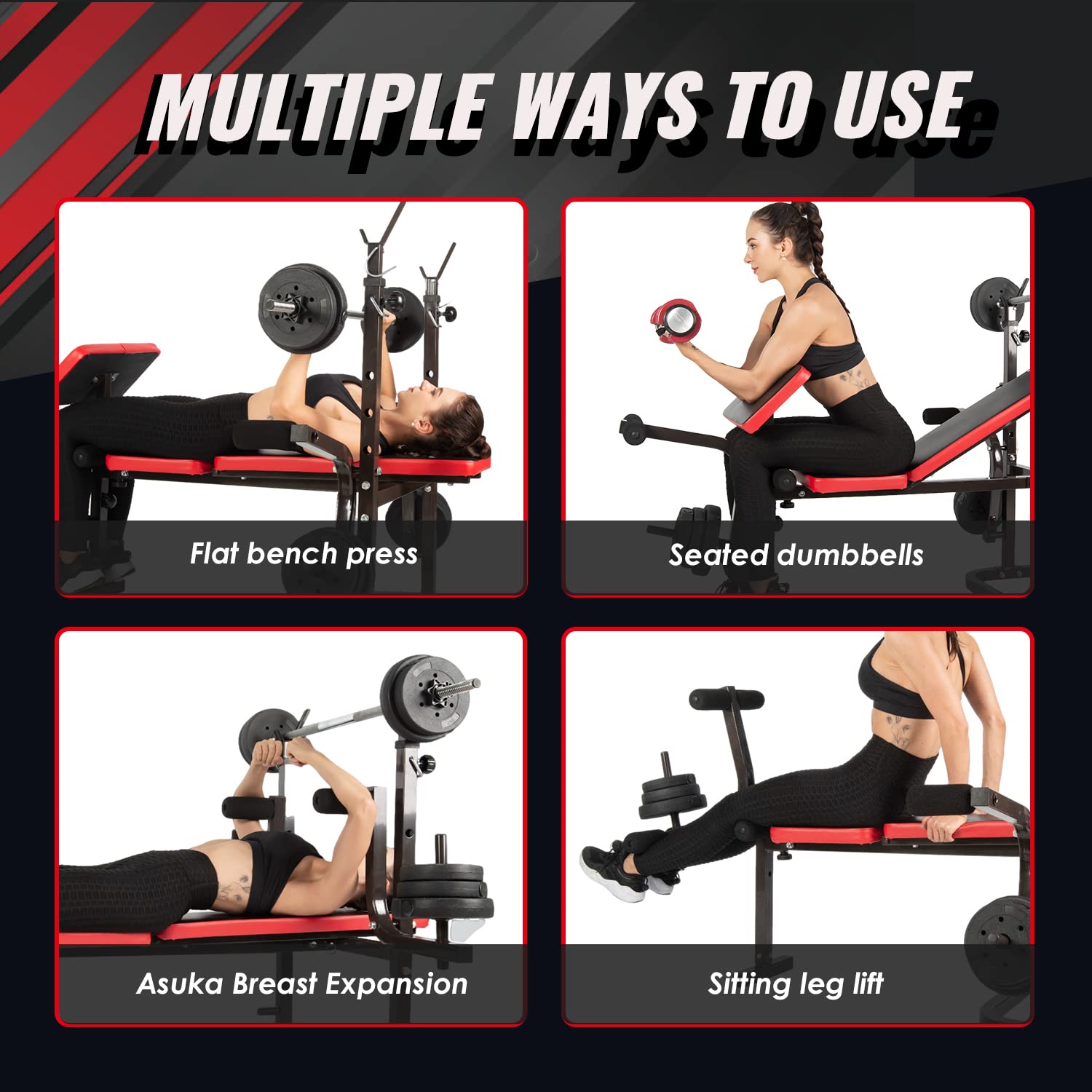 ISE Multifunktional Trainingsbank, Hantelbank Verstellbar Klappbar mit Beincurler Haushalt Fitnessgeräter für Kniebeuge, Hantelbank Bankdrücken,Rumpfbeuge,Training Bank Neigen, Beinbeuger für Zuhause