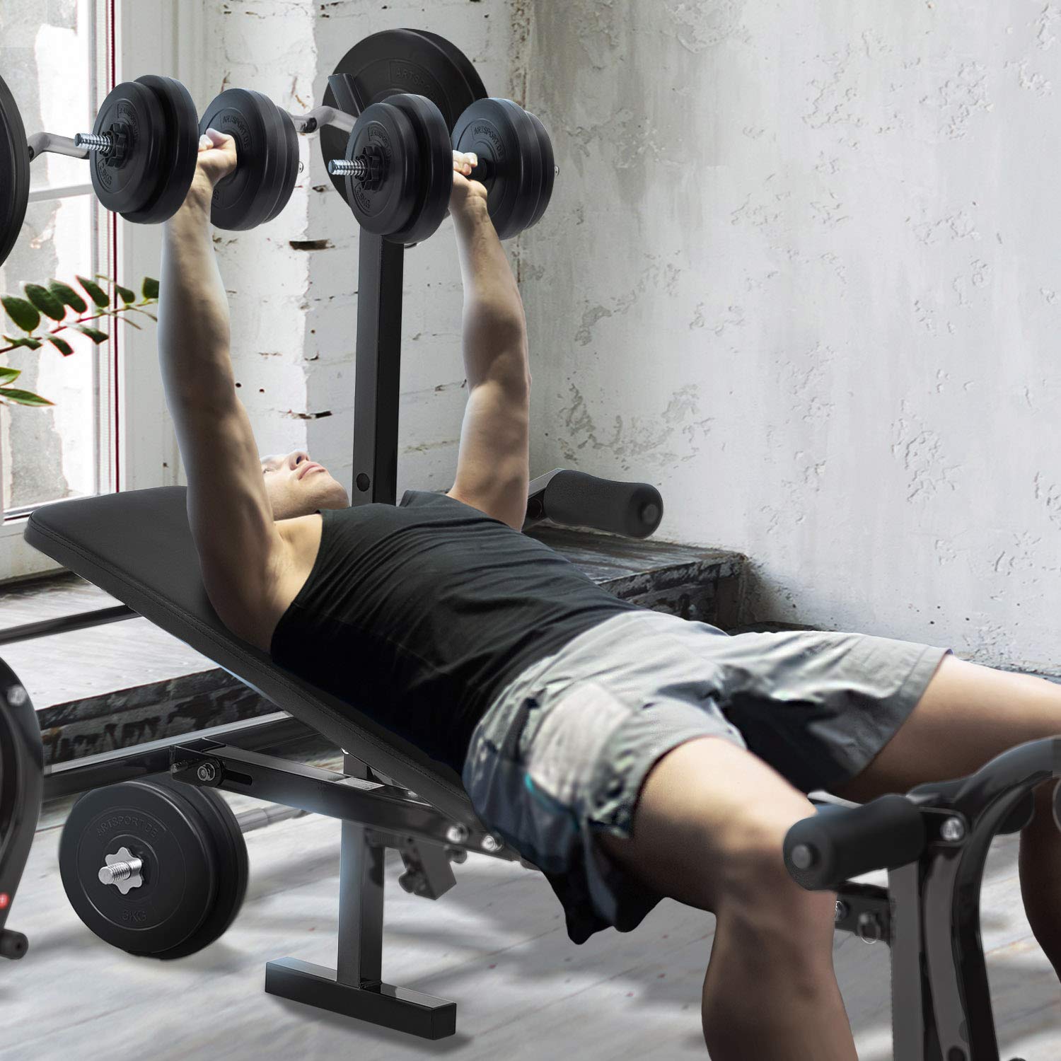 ArtSport Multifunktion Hantelbank Set ProfiGym 1000 & 3in1 Hantelset mit 60 kg Gewichten - Trainingsbank klappbar Kurzhantel Langhantel Curlhantel Kraftstation, Schwarz