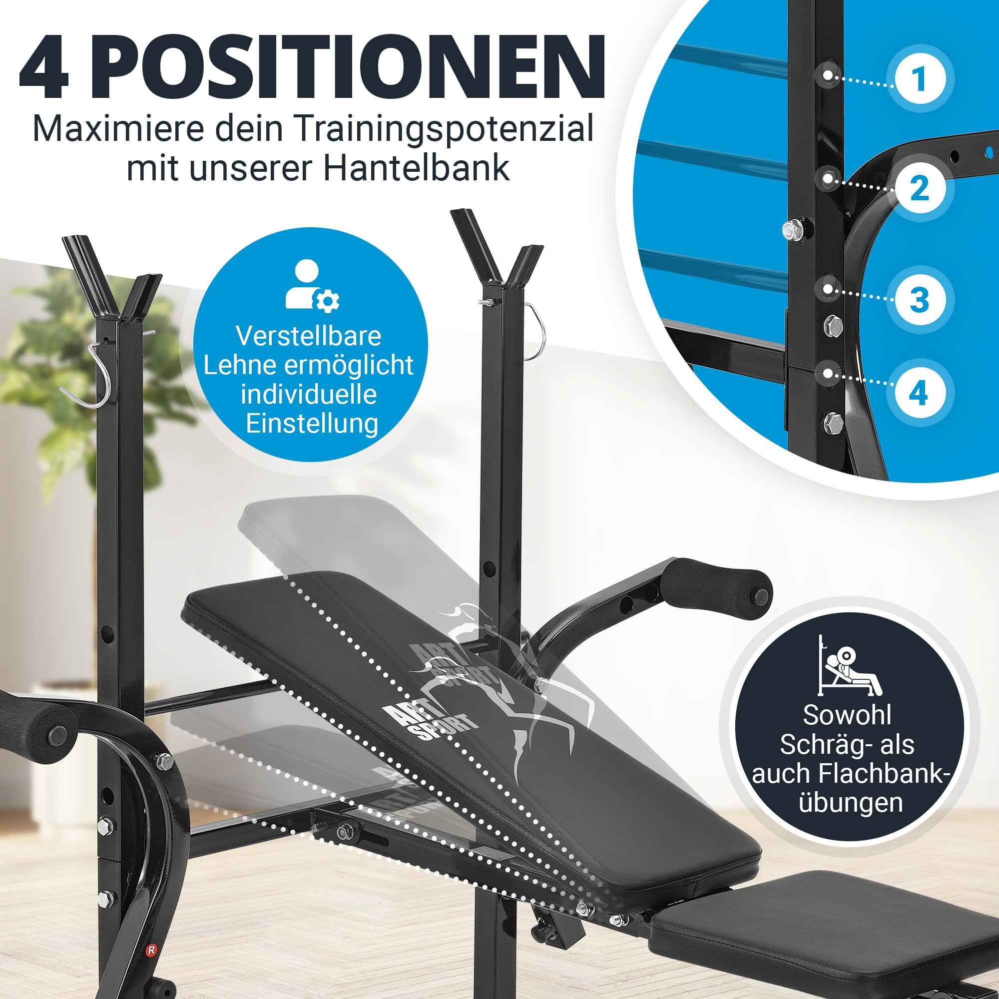 ArtSport Multifunktion Hantelbank ProfiGym1000 klappbar & 4-fach verstellbar - mit Langhantelablage, Beincurler & Butterfly - Trainingsbank Schrägbank Flachbank