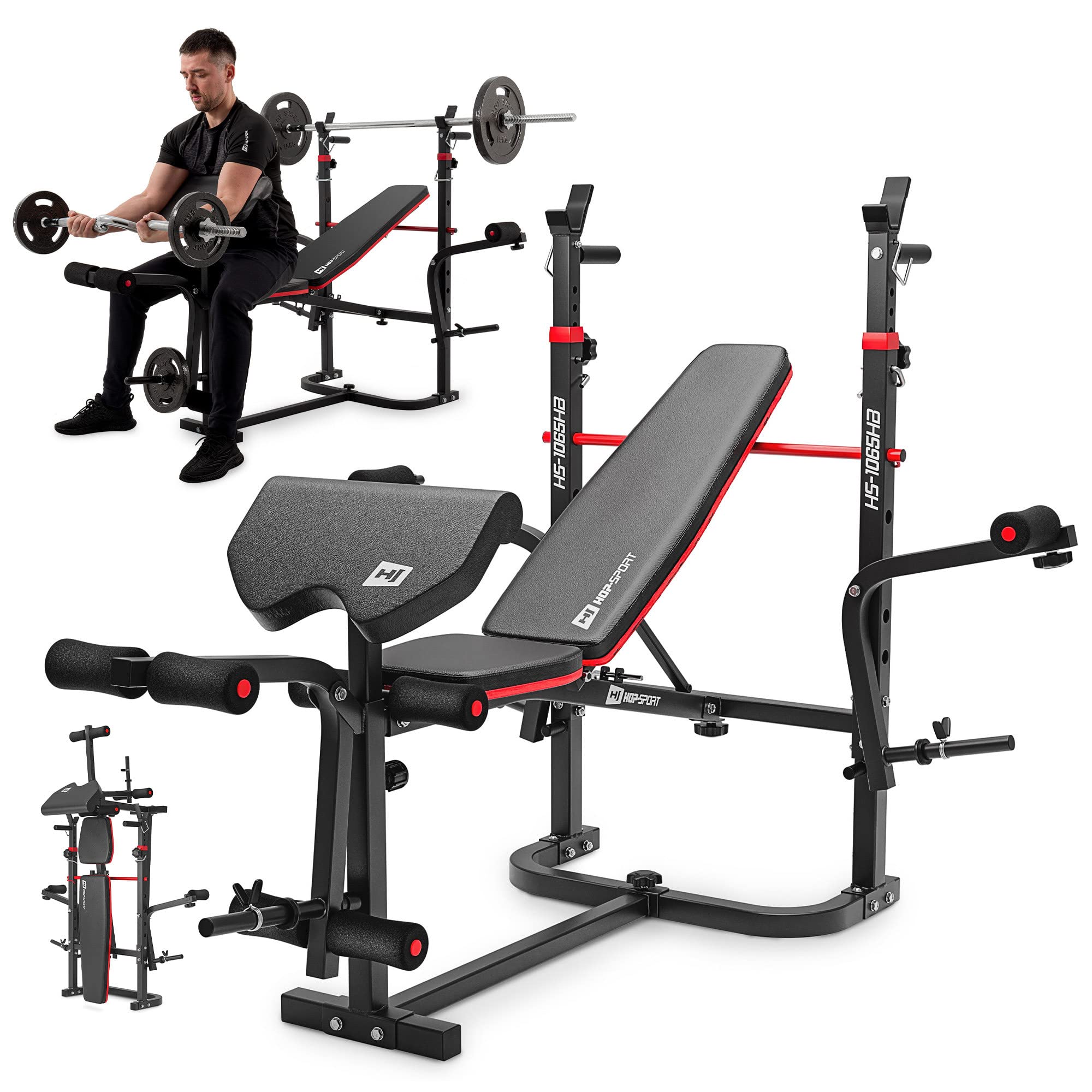 Hop-Sport Hantelbank, Multifunktionale klappbare Trainingsbank mit Langhantelständer, Butterfly & Curlpult, für Krafttraining zuhause, 250 kg Max. Belastbarkeit der Hantelbank
