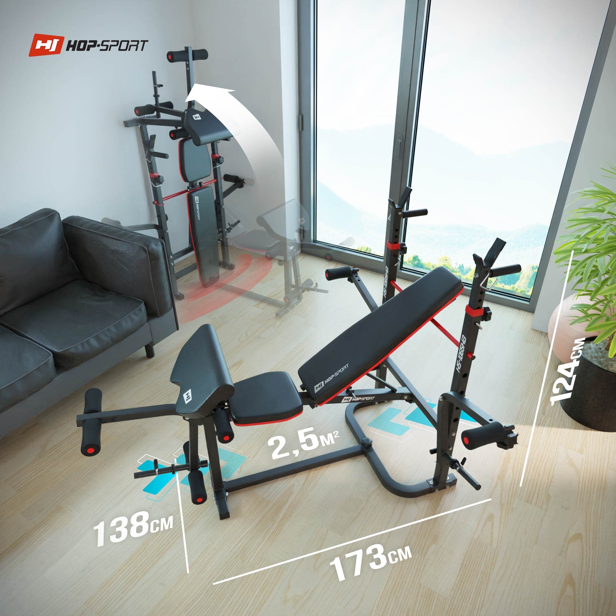 Hop-Sport Hantelbank, Multifunktionale klappbare Trainingsbank mit Langhantelständer, Butterfly & Curlpult, für Krafttraining zuhause, 250 kg Max. Belastbarkeit der Hantelbank