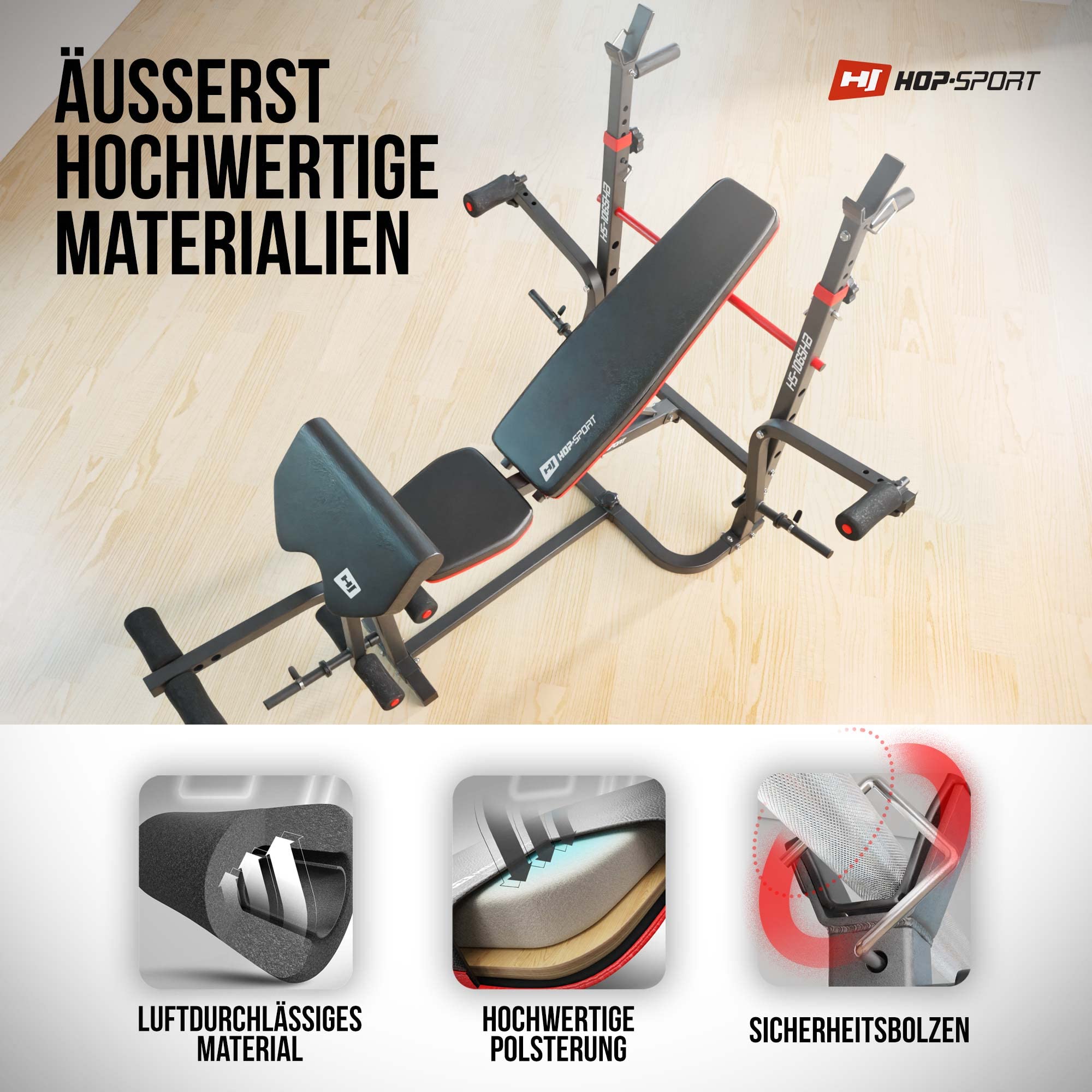 Hop-Sport Hantelbank, Multifunktionale klappbare Trainingsbank mit Langhantelständer, Butterfly & Curlpult, für Krafttraining zuhause, 250 kg Max. Belastbarkeit der Hantelbank