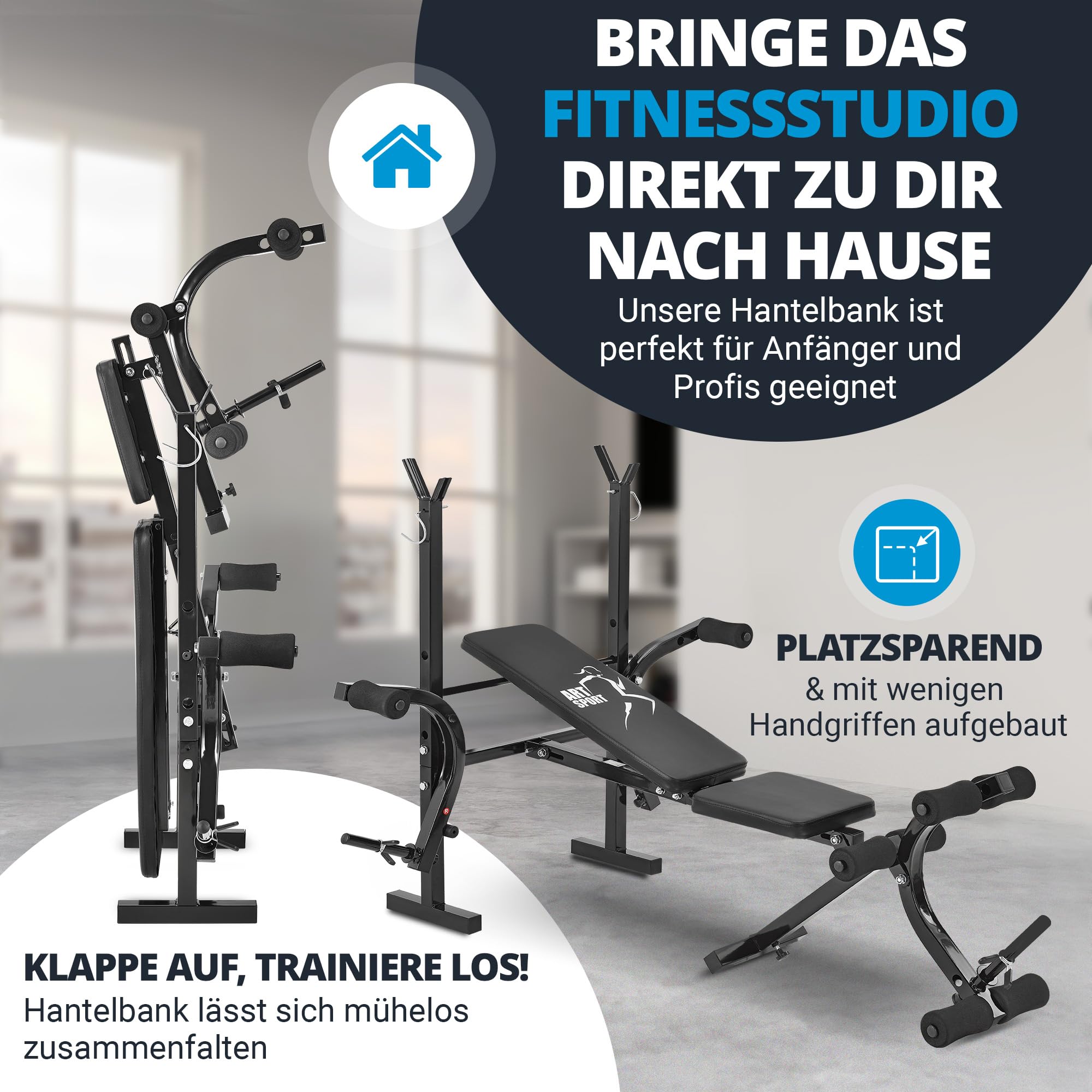 ArtSport Multifunktion Hantelbank ProfiGym1000 klappbar & 4-fach verstellbar - mit Langhantelablage, Beincurler & Butterfly - Trainingsbank Schrägbank Flachbank