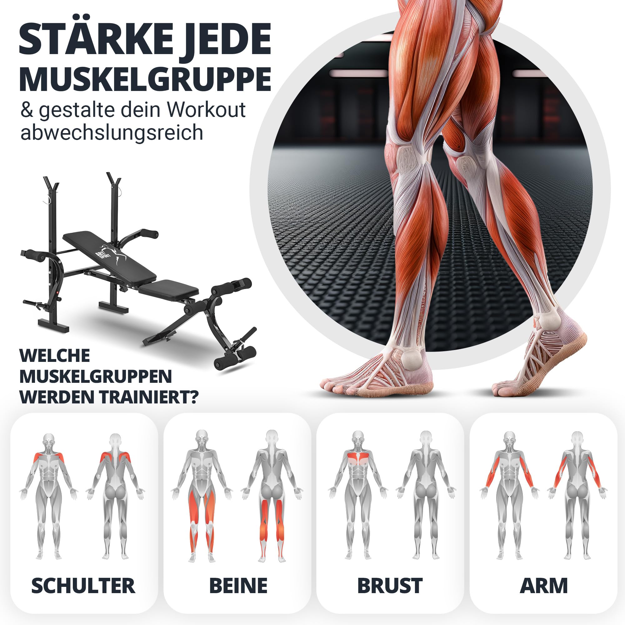 ArtSport Multifunktion Hantelbank ProfiGym1000 klappbar & 4-fach verstellbar - mit Langhantelablage, Beincurler & Butterfly - Trainingsbank Schrägbank Flachbank