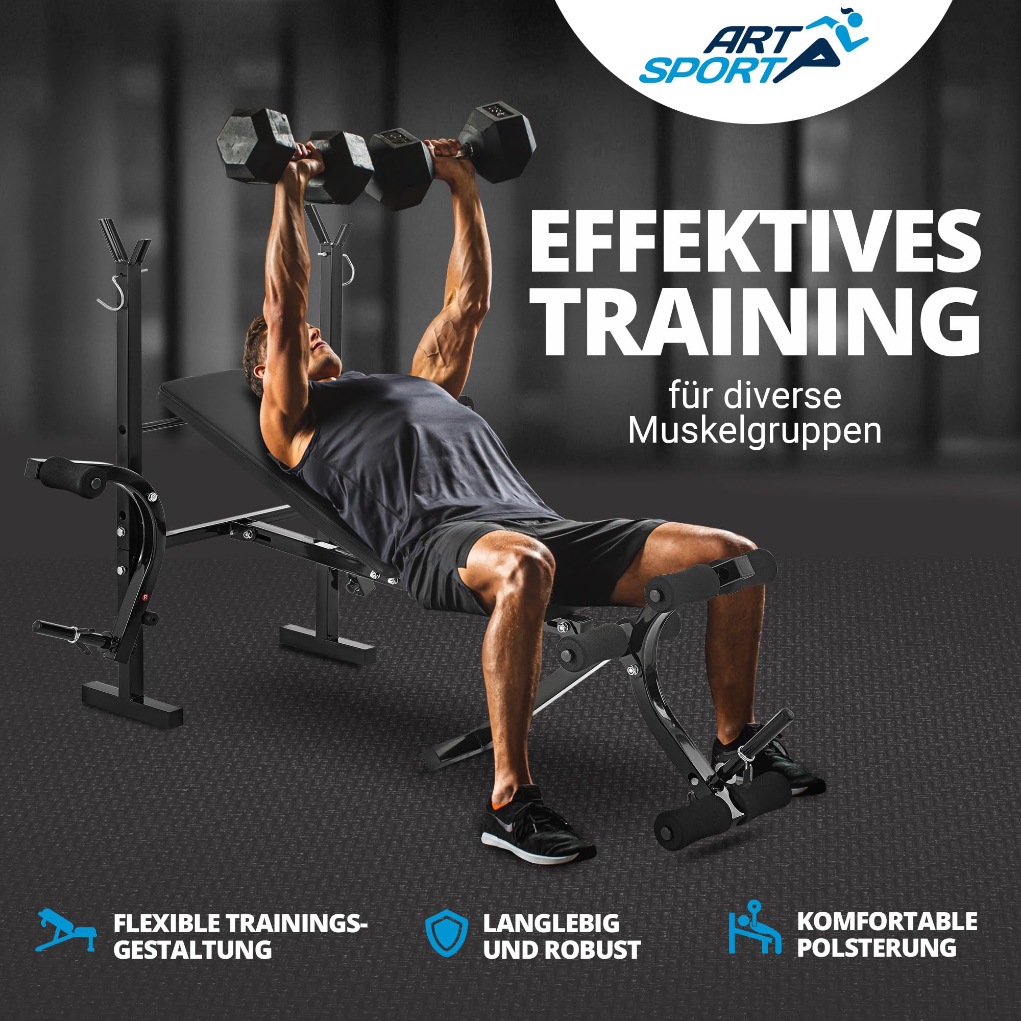 ArtSport Multifunktion Hantelbank ProfiGym1000 klappbar & 4-fach verstellbar - mit Langhantelablage, Beincurler & Butterfly - Trainingsbank Schrägbank Flachbank