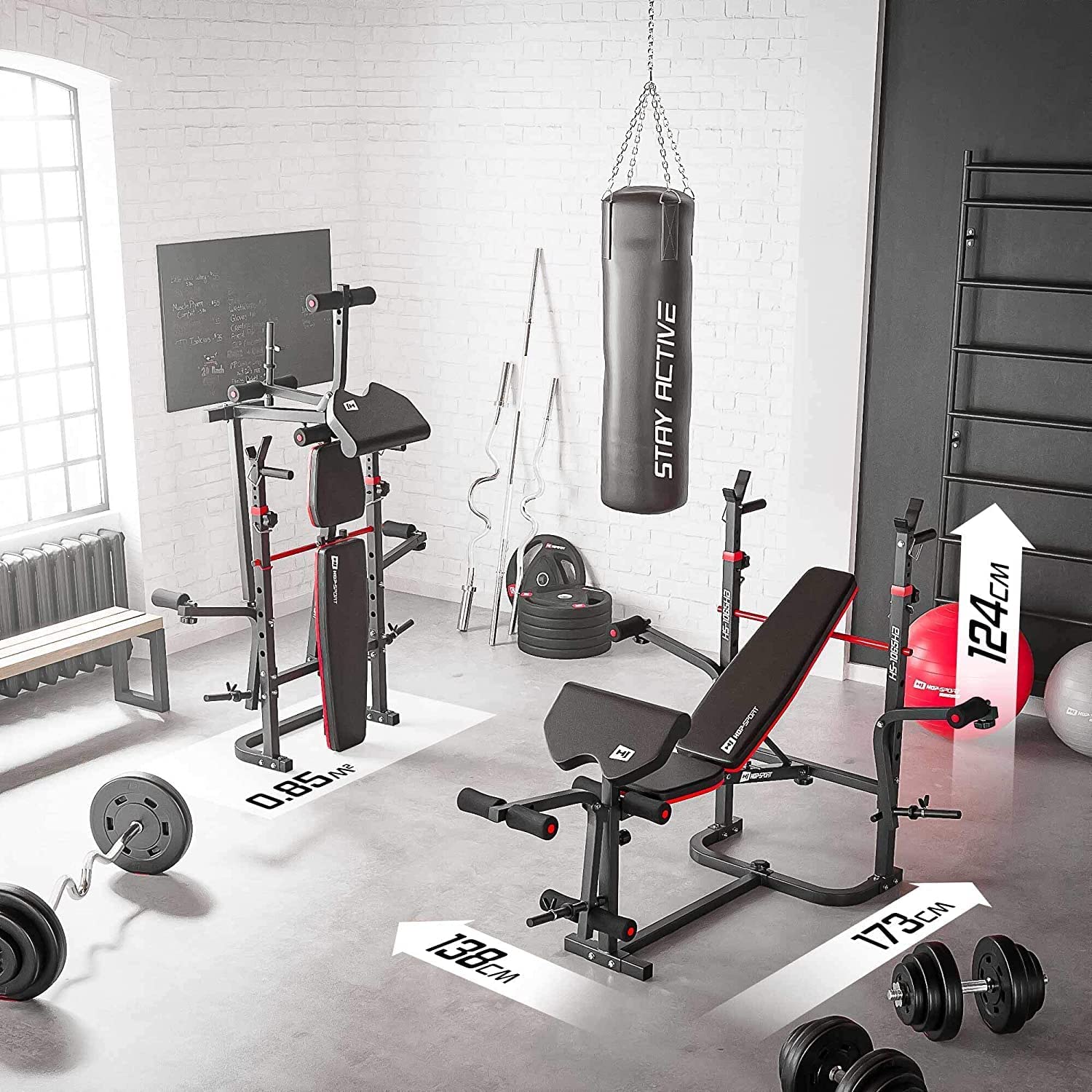 Hop-Sport Hantelbank, Multifunktionale klappbare Trainingsbank mit Langhantelständer, Butterfly & Curlpult, für Krafttraining zuhause, 250 kg Max. Belastbarkeit der Hantelbank