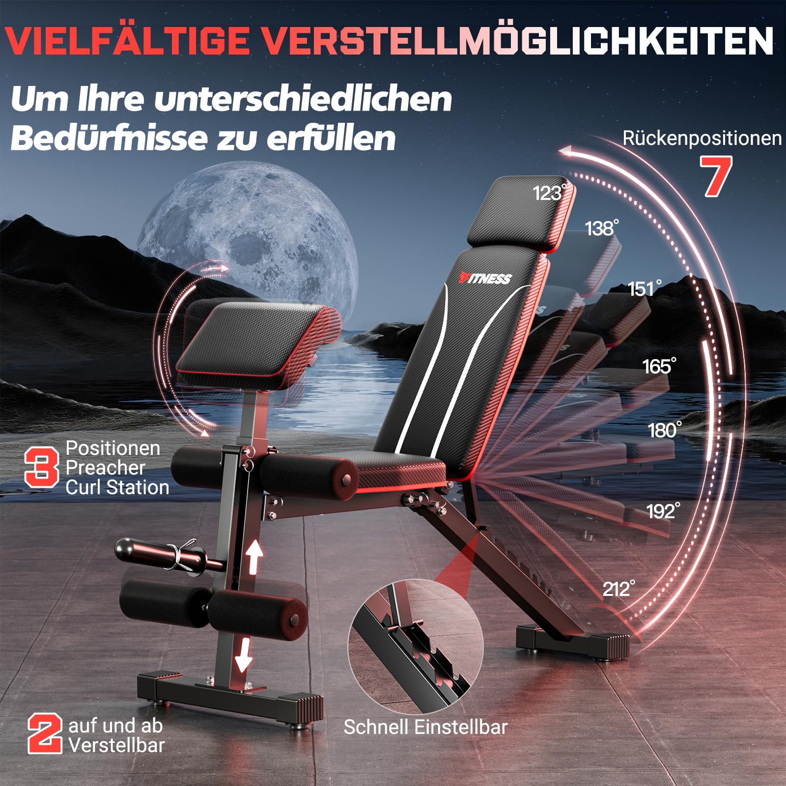 XDDIAS Hantelbank Klappbar mit Beinstrecker und Preacher-Curl-Polster, Verstellbar Trainingsbank für das Heim-Fitnessstudio, Faltbare Trainingsbank, Schnell Zusammenklappbare Neigung/Neigung