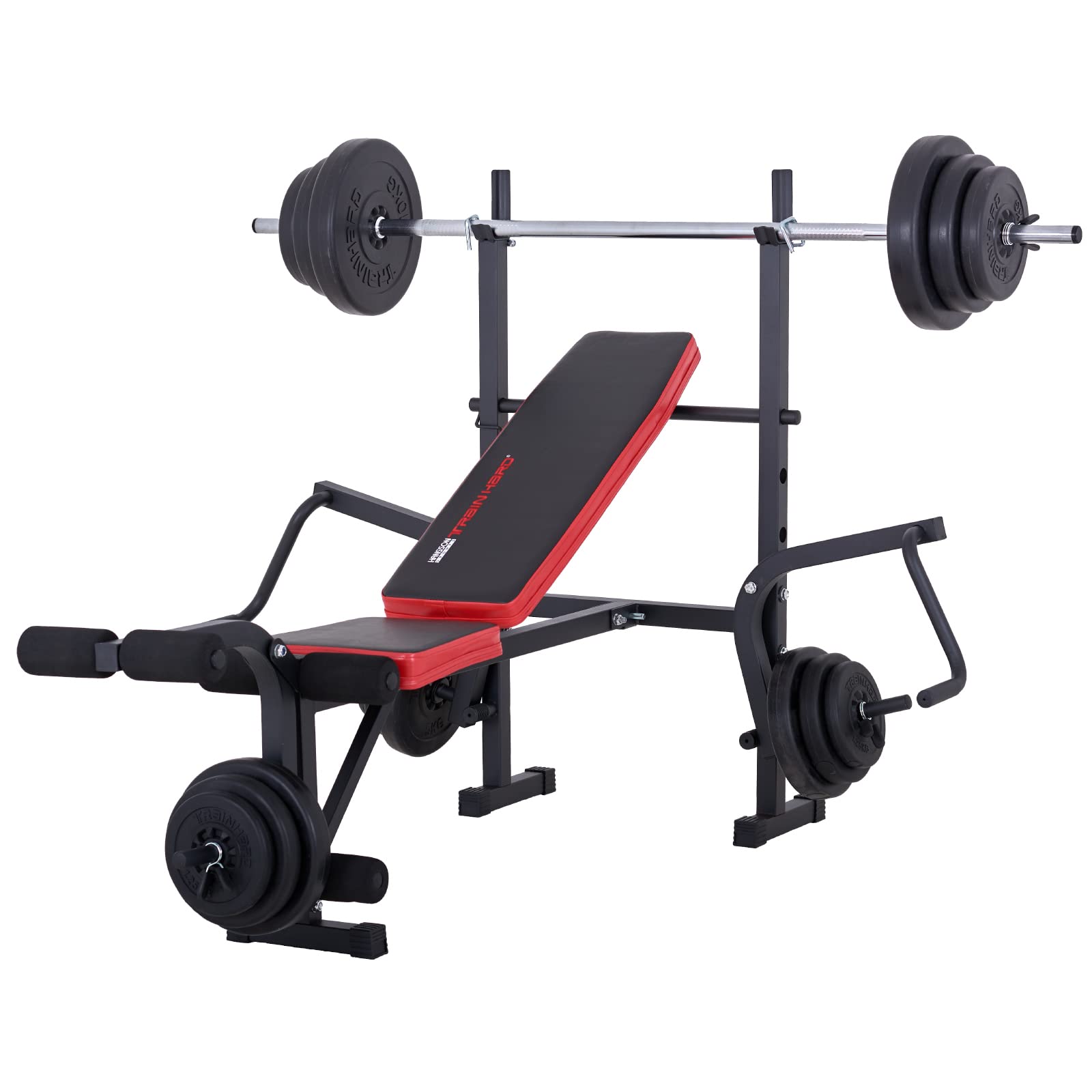 TrainHard Multifunktion Hantelbank klappbar mit Beincurl Butterfly, zertifiziert nach EN957 mit Hantelset aus Langhantel Kurzhantel Hantelstange Gewichten bis 90 kg (Hantelbank + 25 kg Langhantel)