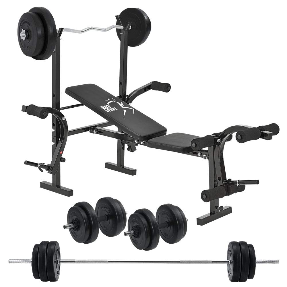 ArtSport Multifunktion Hantelbank Set ProfiGym 1000 & 3in1 Hantelset mit 60 kg Gewichten - Trainingsbank klappbar Kurzhantel Langhantel Curlhantel Kraftstation, Schwarz