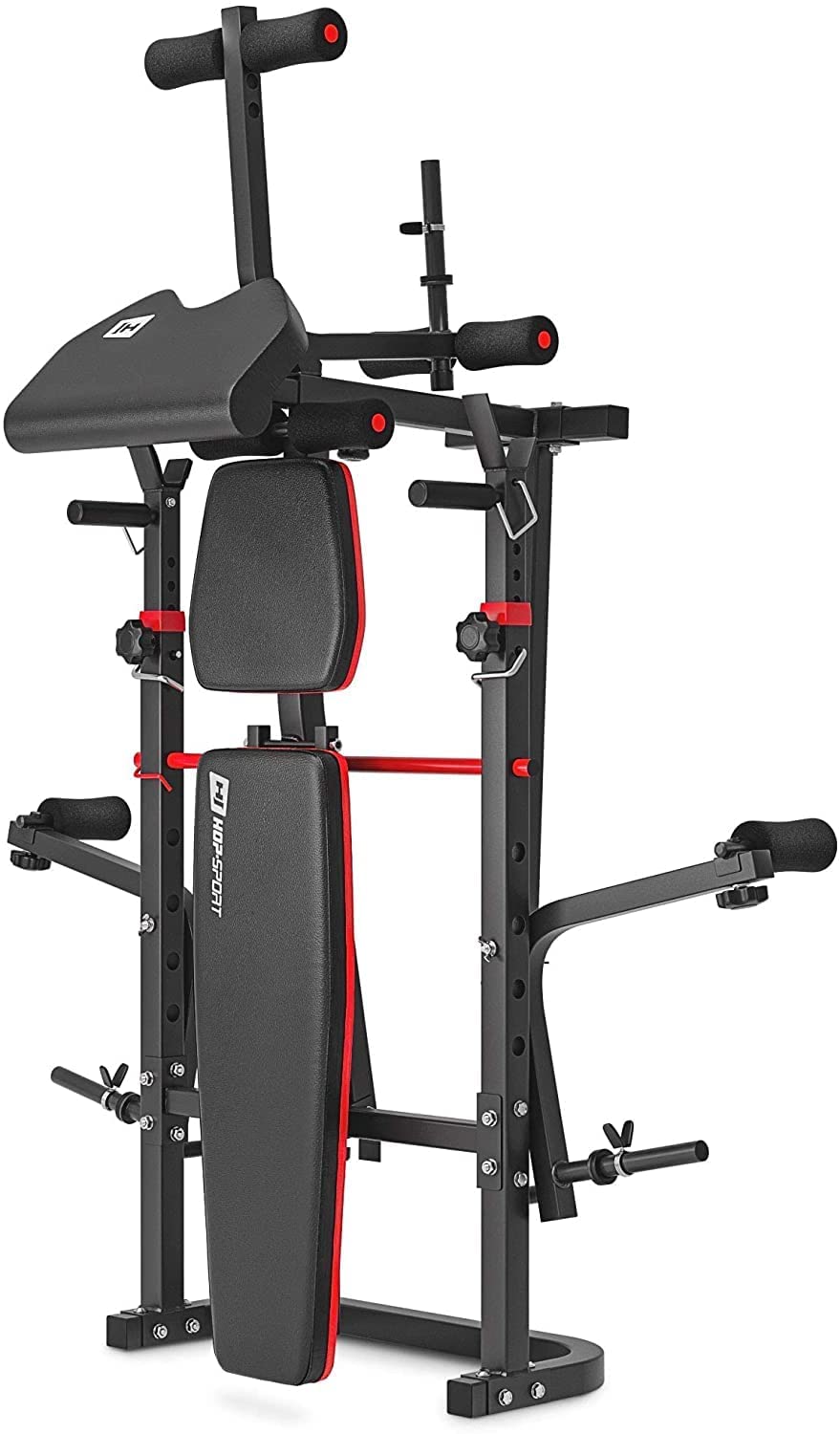 Hop-Sport Hantelbank, Multifunktionale klappbare Trainingsbank mit Langhantelständer, Butterfly & Curlpult, für Krafttraining zuhause, 250 kg Max. Belastbarkeit der Hantelbank