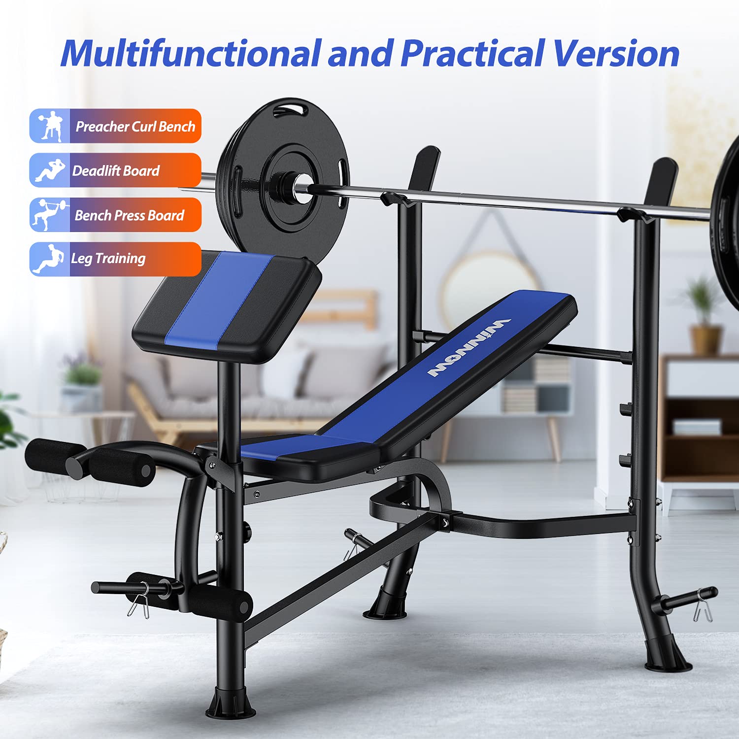 WINNOW Verstellbare Hantelbank mit Beinstrecker und Preacher Curl Heimtraining Fitnessstudio Gewichtheberbank Ganzkörpertraining Bankdrücken