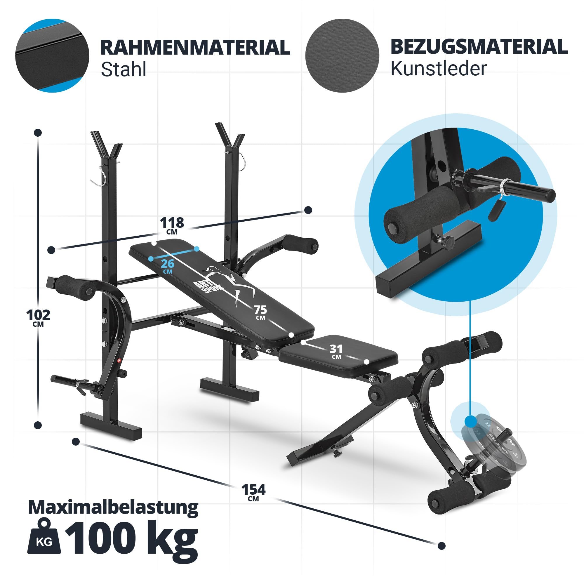 ArtSport Multifunktion Hantelbank ProfiGym1000 klappbar & 4-fach verstellbar - mit Langhantelablage, Beincurler & Butterfly - Trainingsbank Schrägbank Flachbank
