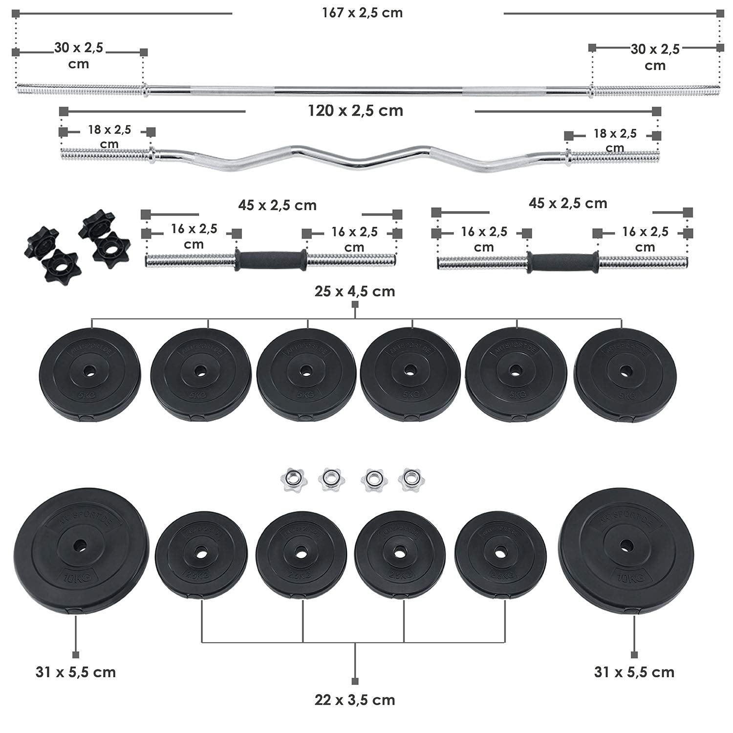 ArtSport Multifunktion Hantelbank Set ProfiGym 1000 & 3in1 Hantelset mit 60 kg Gewichten - Trainingsbank klappbar Kurzhantel Langhantel Curlhantel Kraftstation, Schwarz