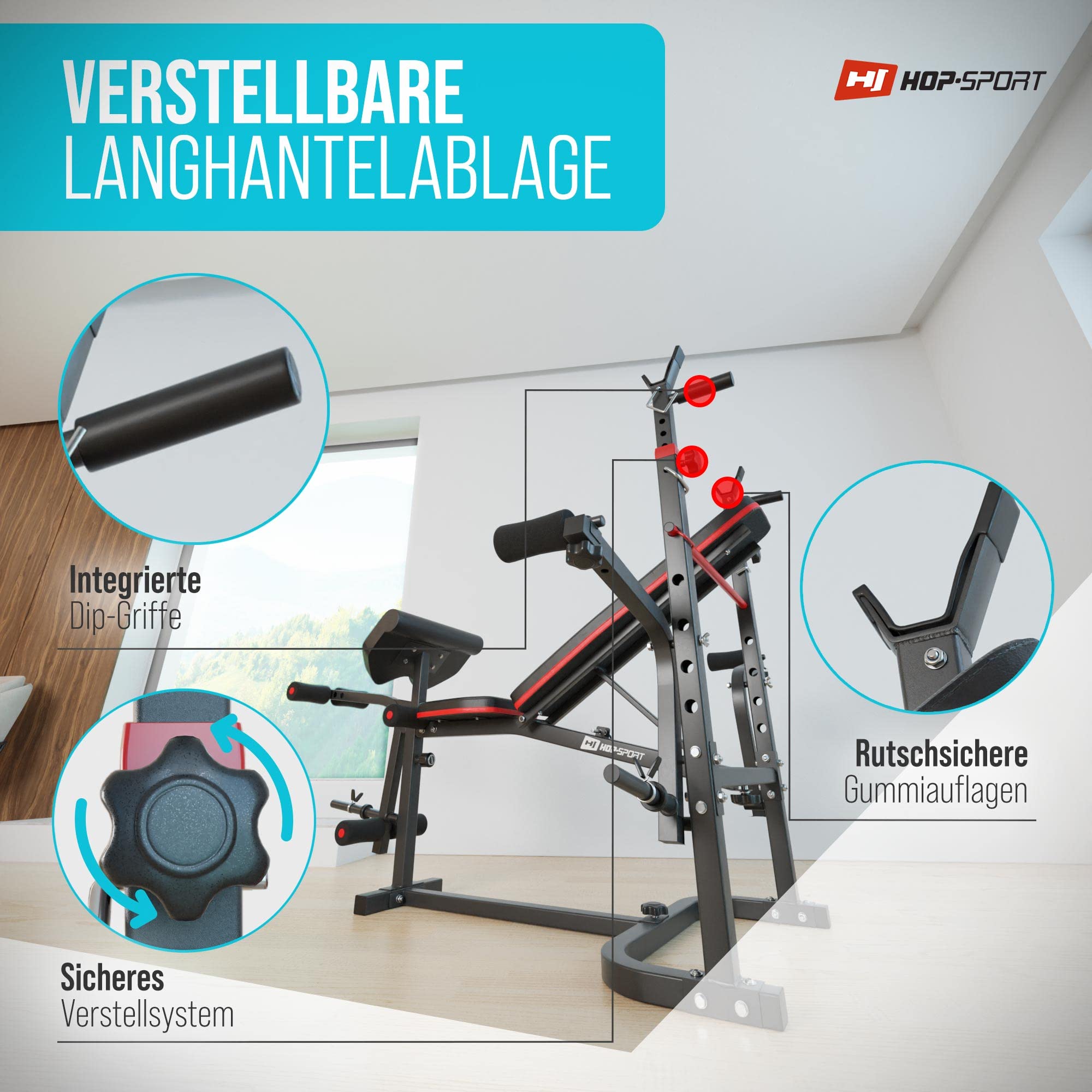 Hop-Sport Hantelbank, Multifunktionale klappbare Trainingsbank mit Langhantelständer, Butterfly & Curlpult, für Krafttraining zuhause, 250 kg Max. Belastbarkeit der Hantelbank