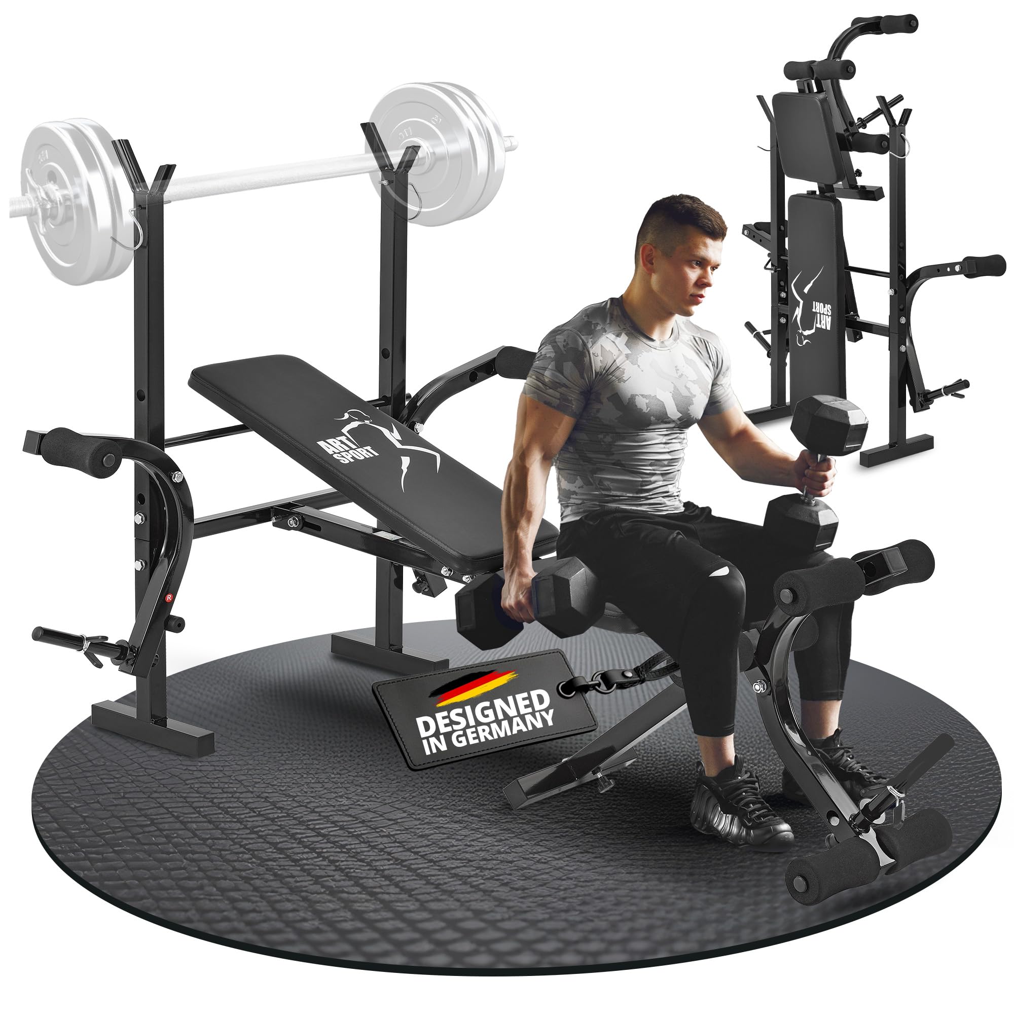 ArtSport Multifunktion Hantelbank ProfiGym1000 klappbar & 4-fach verstellbar - mit Langhantelablage, Beincurler & Butterfly - Trainingsbank Schrägbank Flachbank