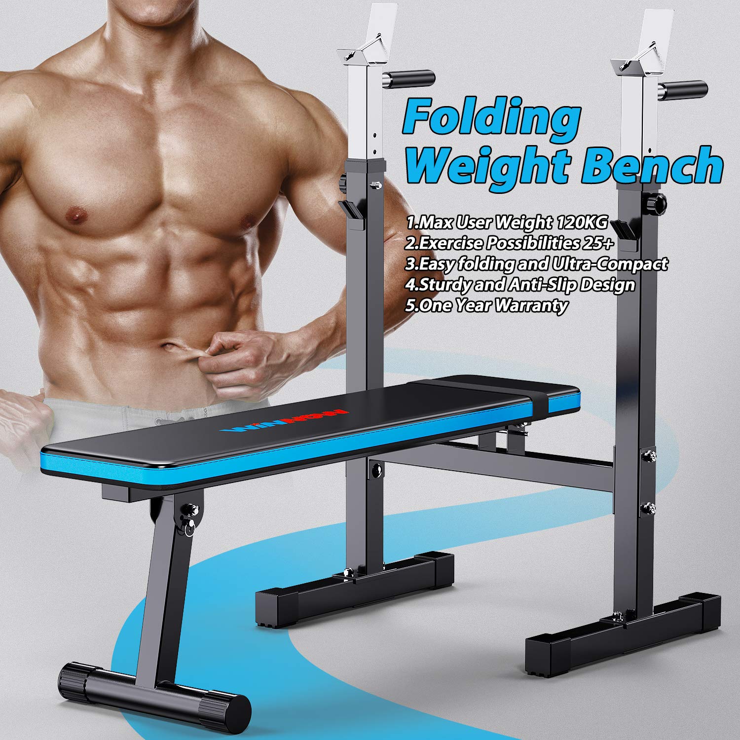WINNOW Verstellbare Hantelbank mit Dip-Station Klappbare Schwerlast Gewichtheben Bank Heimtraining Fitnessstudio Multifunktion Trainingsbank