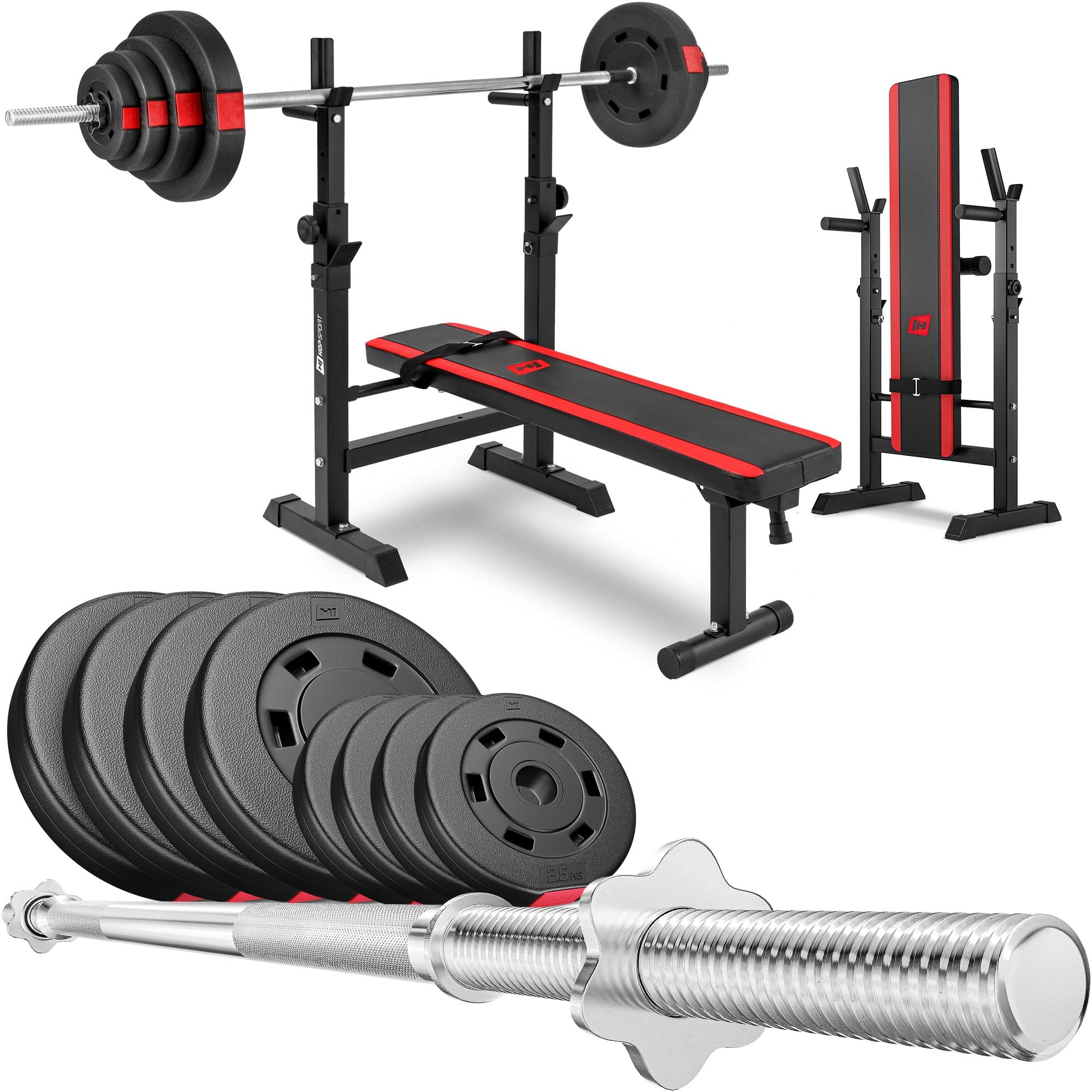 Hop-Sport Hantelset 39 kg - Klappbare Hantelbank mit Gewichten, Verstellbare Langhantelablage, Trainingsbank für Bankdrücken, Stabiler Fitnessbank, 270 kg Max. Belastbarkeit