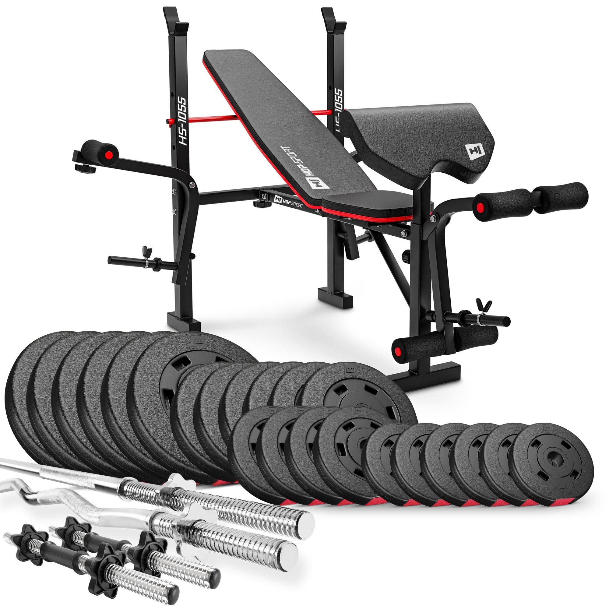 Hop-Sport Hantelbank mit Curlpult, Butterfly, Beincurler & klappbarer Trainingsbank, inkl. 38 kg Hantelset, SZ-Stange, Langhantel, Kurzhanteln – Fitnessbank für Heimtraining